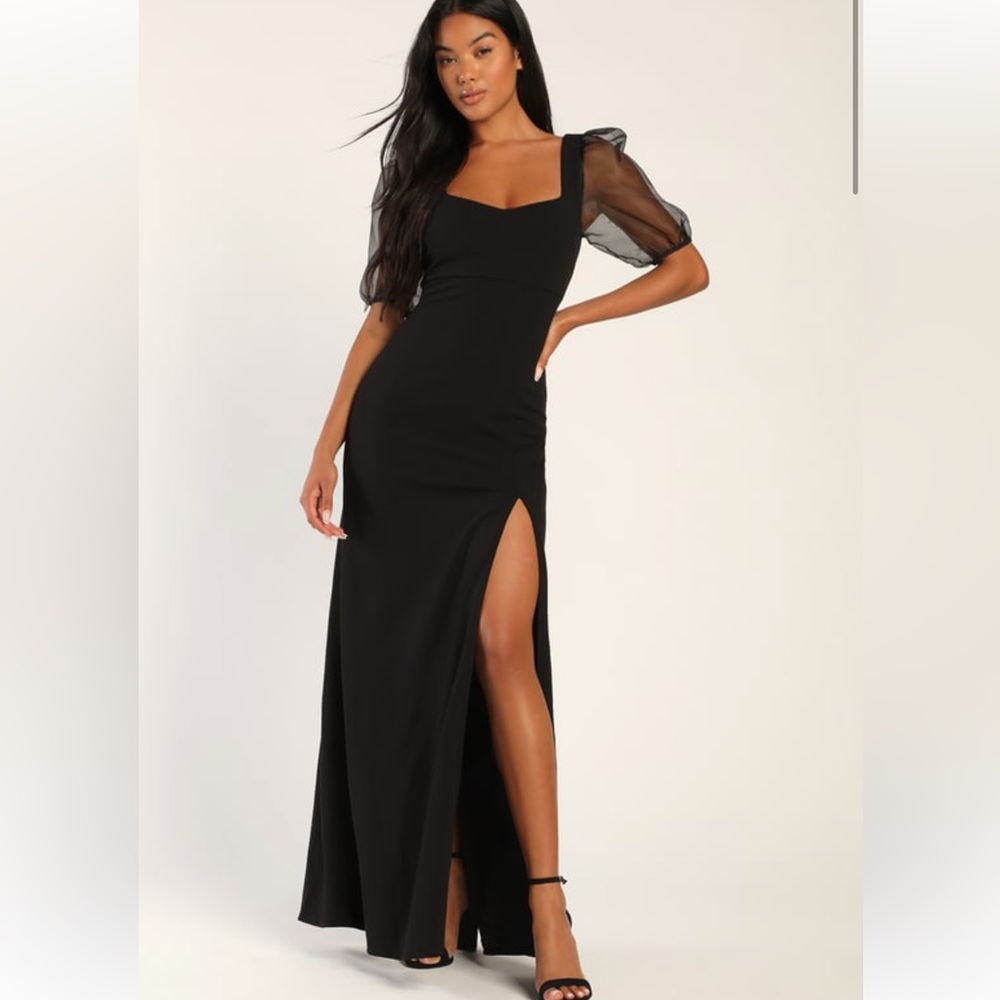NWT Lulus Awestruck Affair Black Organza Puff Sleeve Maxi Dress